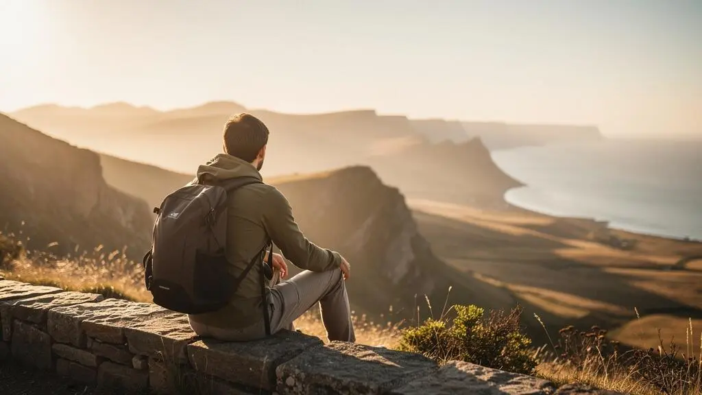 Un voyageur assis face à un paysage naturel grandiose, les mains libres, absorbé par la contemplation plutôt que par la capture photographique.