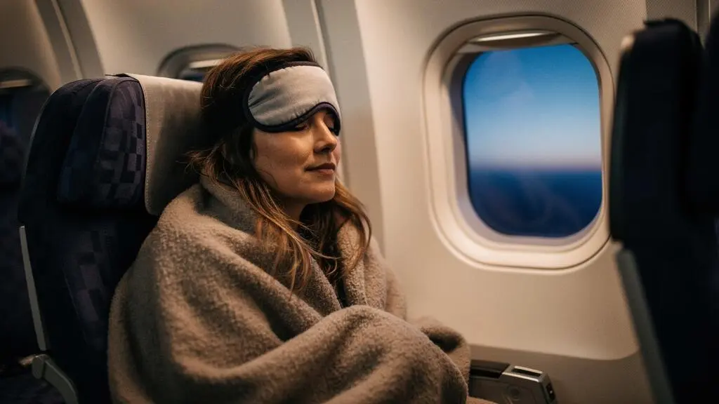 Passager détendu et reposé installé confortablement en classe économique durant un vol long-courrier