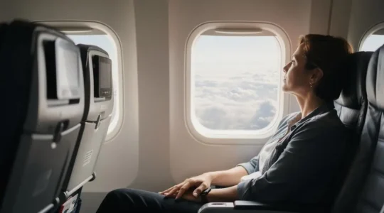 Voyageur détendu regardant par le hublot d'un avion un ciel dégagé, symbole du passage de l'angoisse à la sérénité en vol