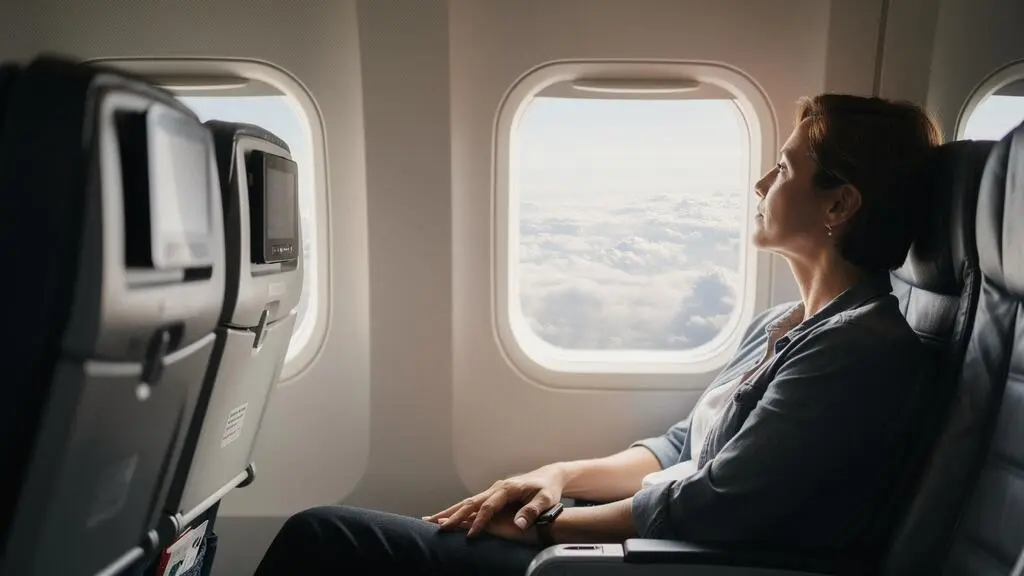 Voyageur détendu regardant par le hublot d'un avion un ciel dégagé, symbole du passage de l'angoisse à la sérénité en vol